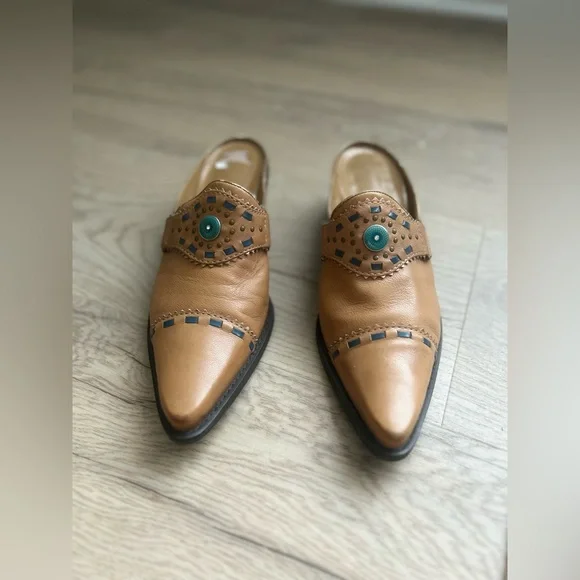 Franco Sarto Tan Leather Studded Mules - Picture 2 of 8